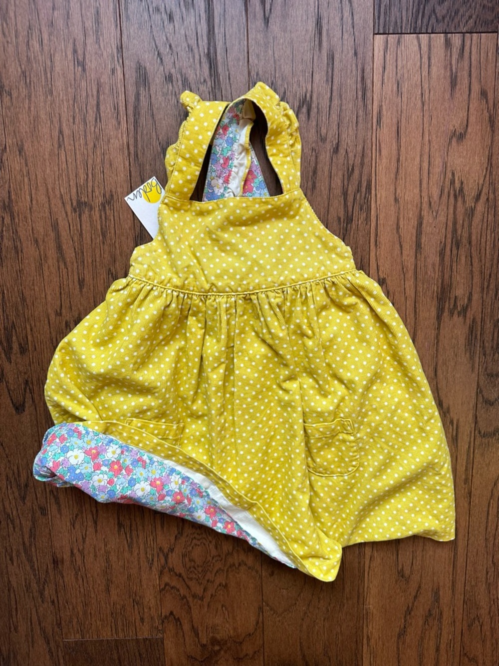Mini Boden Yellow Polka Dot pinafore dress with Floral Lining 2/3